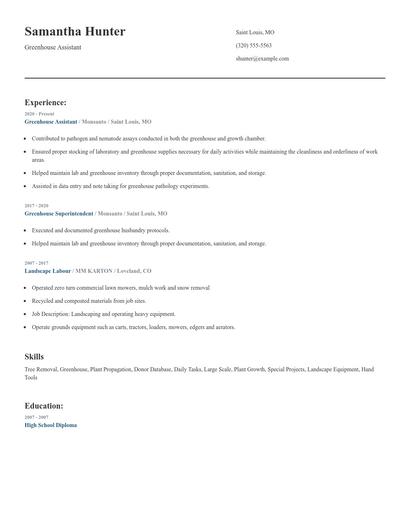 Greenhouse Assistant Resume