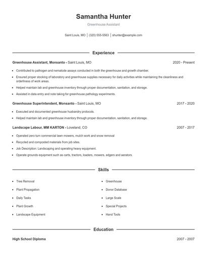 Greenhouse Assistant Resume