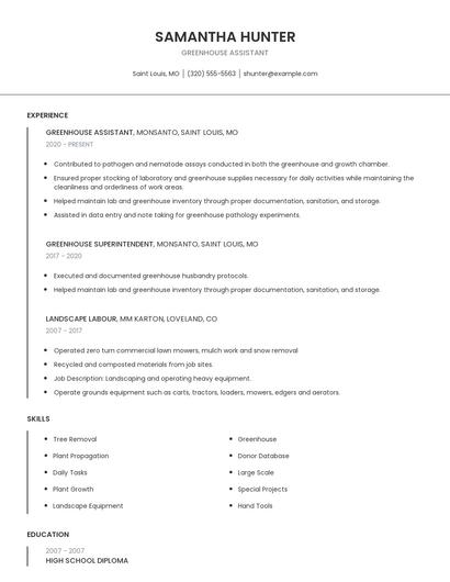 Greenhouse Assistant Resume