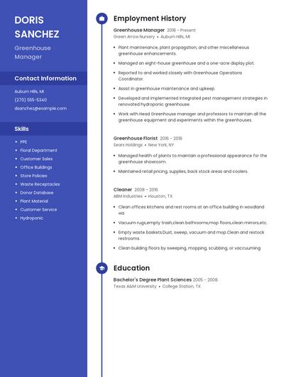 Greenhouse Manager Resume