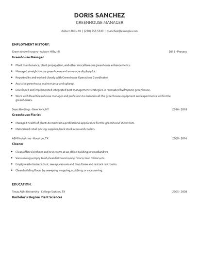 Greenhouse Manager Resume