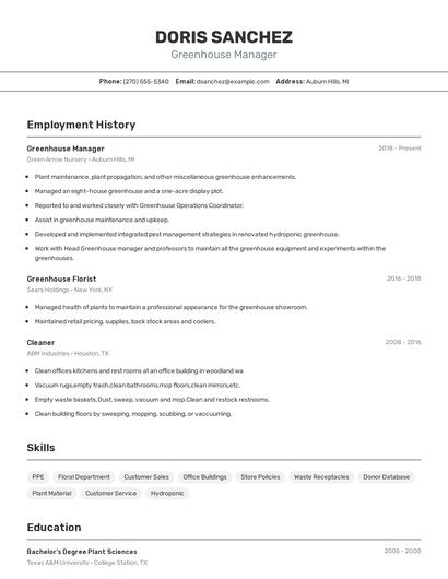 Greenhouse Manager Resume