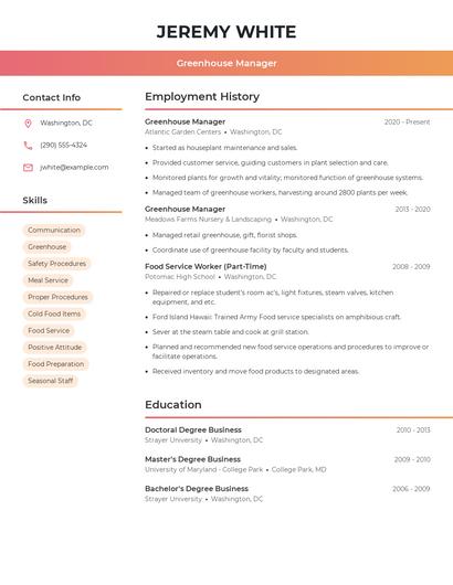 Greenhouse Manager Resume