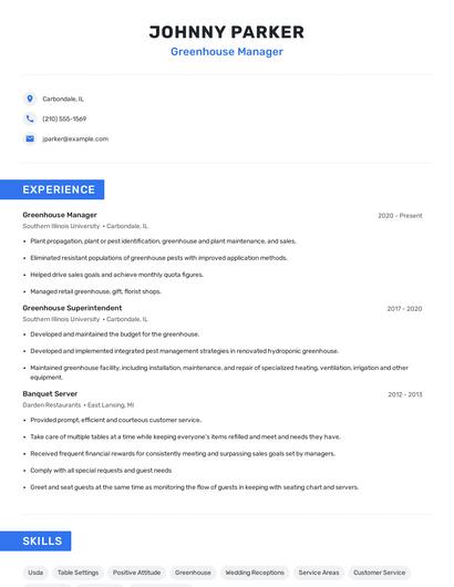Greenhouse Manager Resume