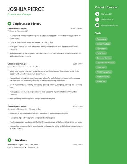 Greenhouse Manager Resume