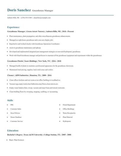 Greenhouse Manager Resume