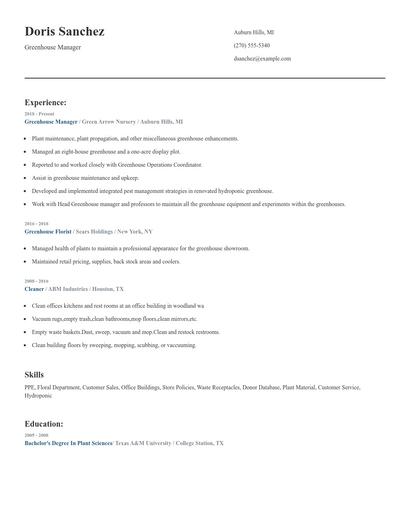Greenhouse Manager Resume
