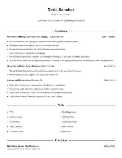 Greenhouse Manager Resume