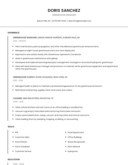 Greenhouse Manager Resume