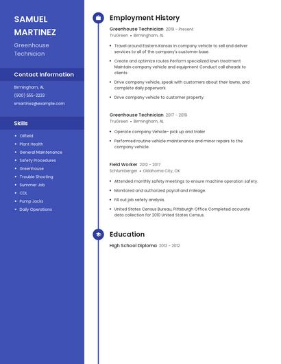 Greenhouse Technician Resume