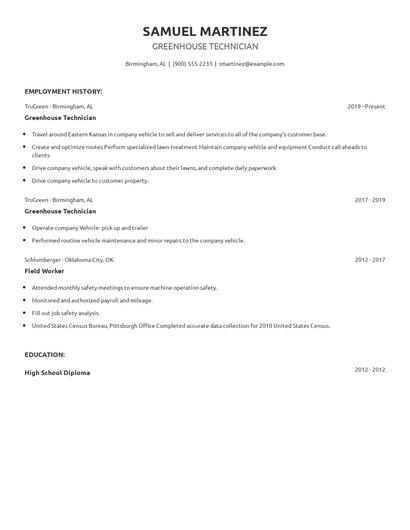 Greenhouse Technician Resume