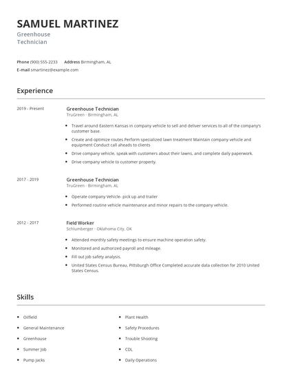 Greenhouse Technician Resume