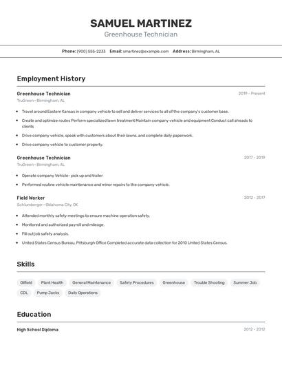 Greenhouse Technician Resume