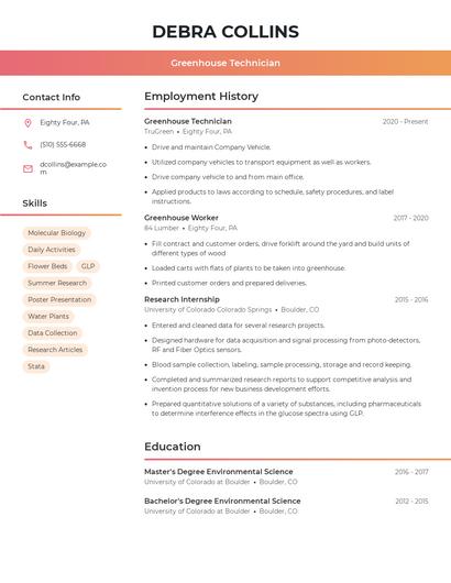 Greenhouse Technician Resume