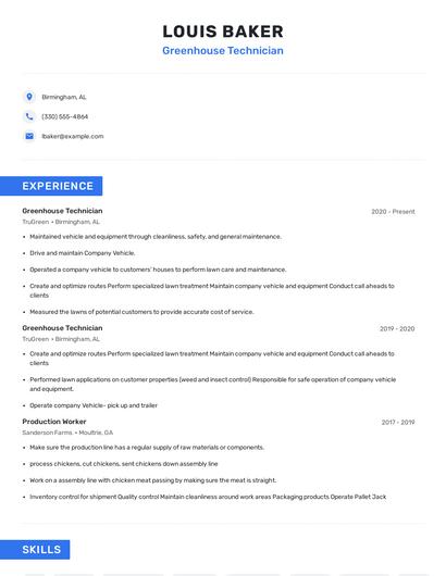 Greenhouse Technician Resume