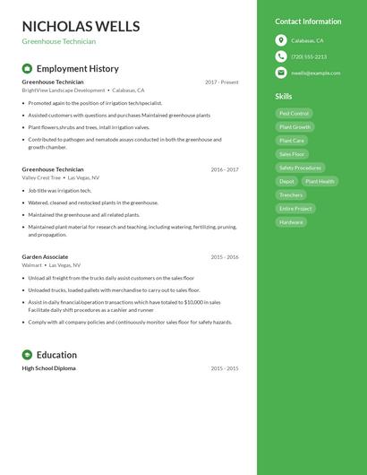 Greenhouse Technician Resume