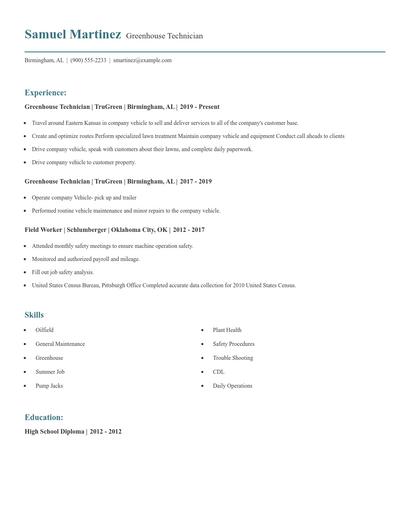 Greenhouse Technician Resume
