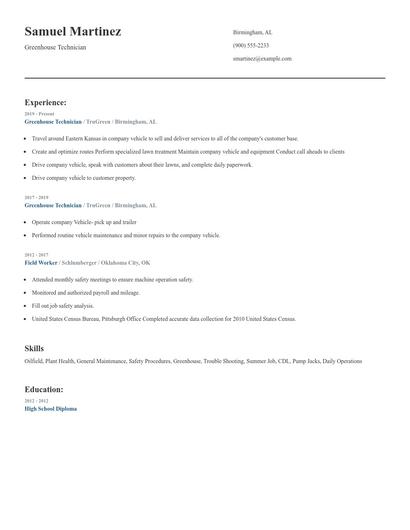 Greenhouse Technician Resume