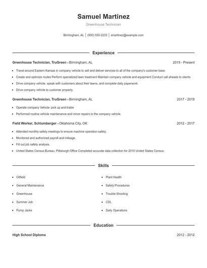 Greenhouse Technician Resume