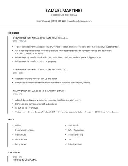 Greenhouse Technician Resume