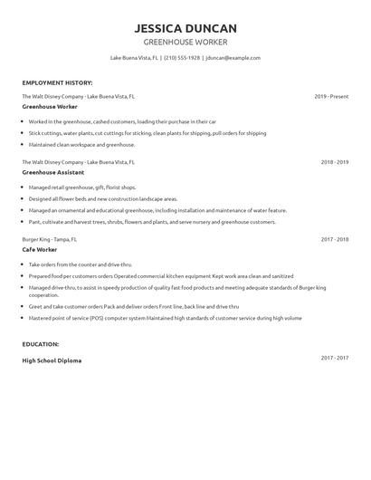 Greenhouse Worker Resume