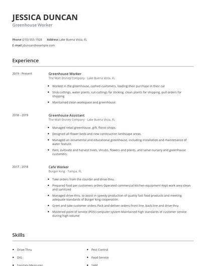 Greenhouse Worker Resume