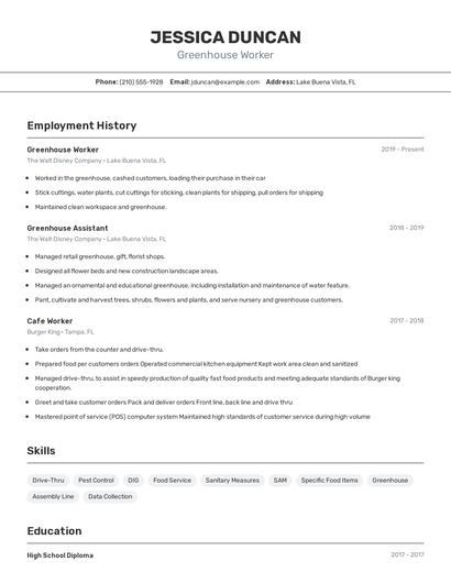 Greenhouse Worker Resume