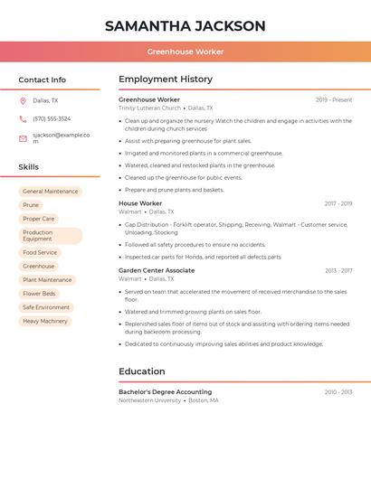 Greenhouse Worker Resume