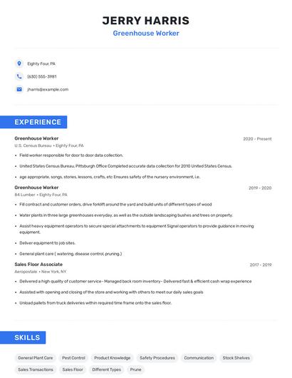 Greenhouse Worker Resume