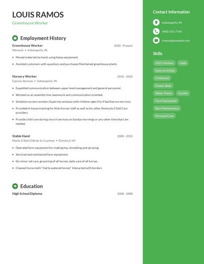 Greenhouse Worker Resume