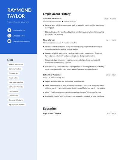 Greenhouse Worker Resume