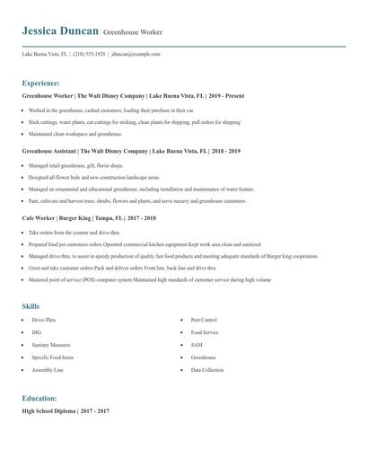 Greenhouse Worker Resume