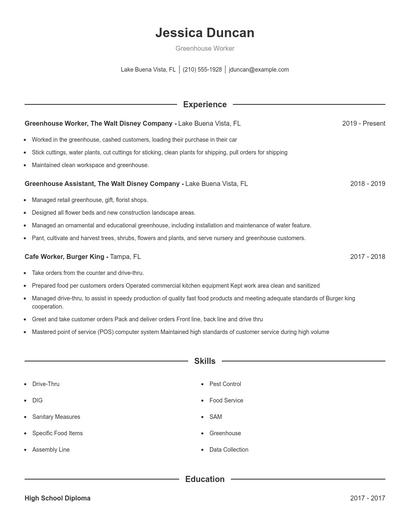 Greenhouse Worker Resume
