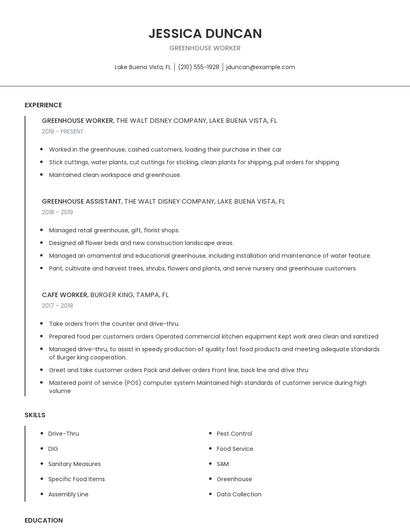 Greenhouse Worker Resume