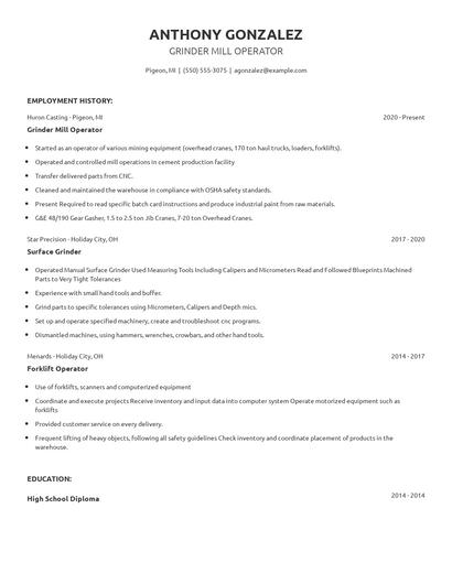 Grinder Mill Operator Resume