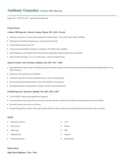 Grinder Mill Operator Resume