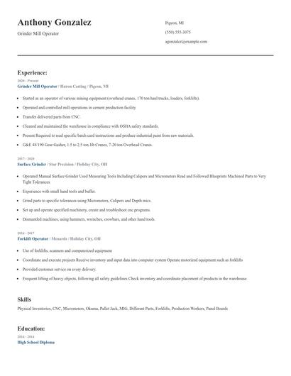 Grinder Mill Operator Resume