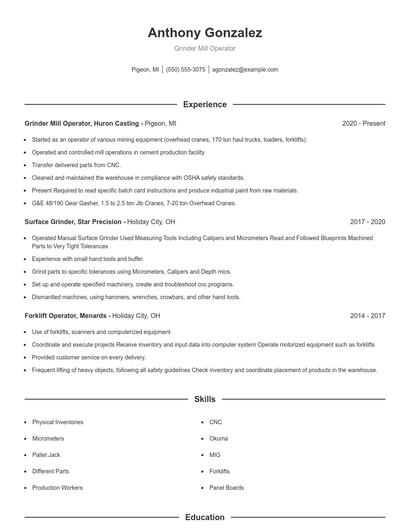 Grinder Mill Operator Resume
