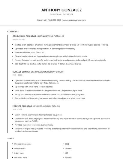 Grinder Mill Operator Resume