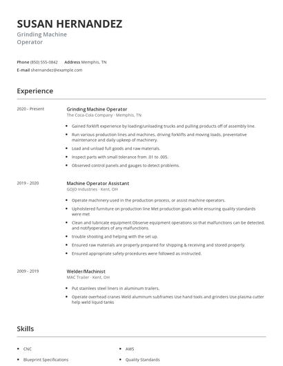 Grinding Machine Operator Resume