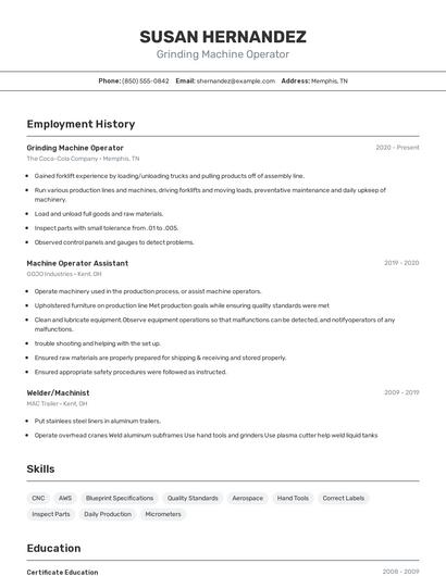 Grinding Machine Operator Resume