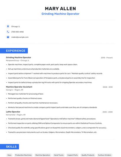 Grinding Machine Operator Resume