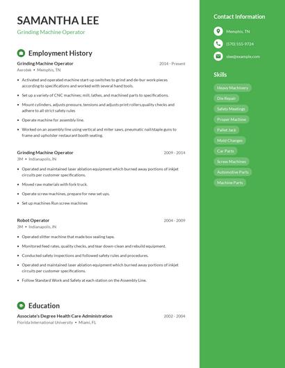 Grinding Machine Operator Resume