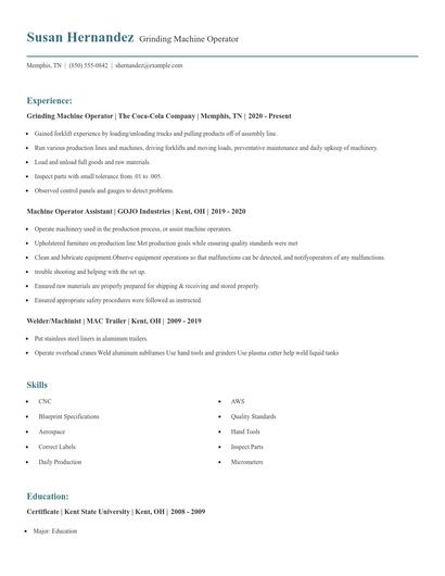 Grinding Machine Operator Resume