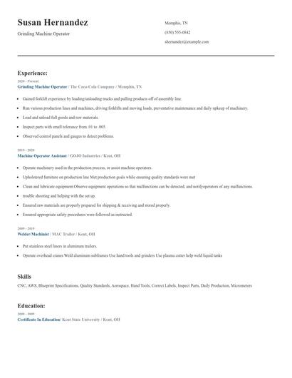 Grinding Machine Operator Resume