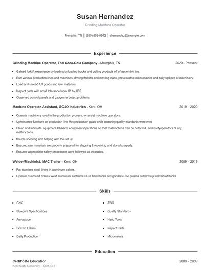 Grinding Machine Operator Resume