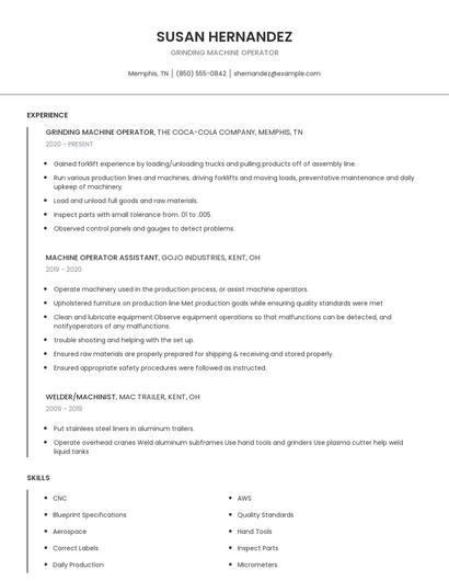 Grinding Machine Operator Resume