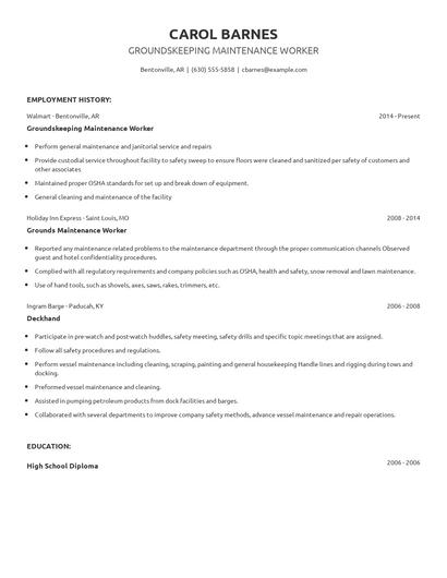 Groundskeeping Maintenance Worker Resume