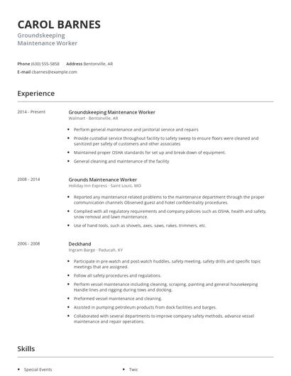 Groundskeeping Maintenance Worker Resume