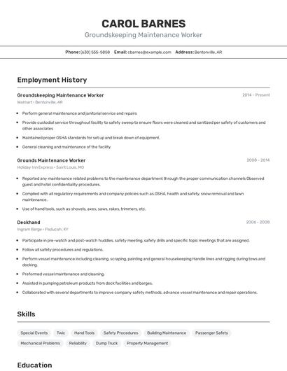 Groundskeeping Maintenance Worker Resume